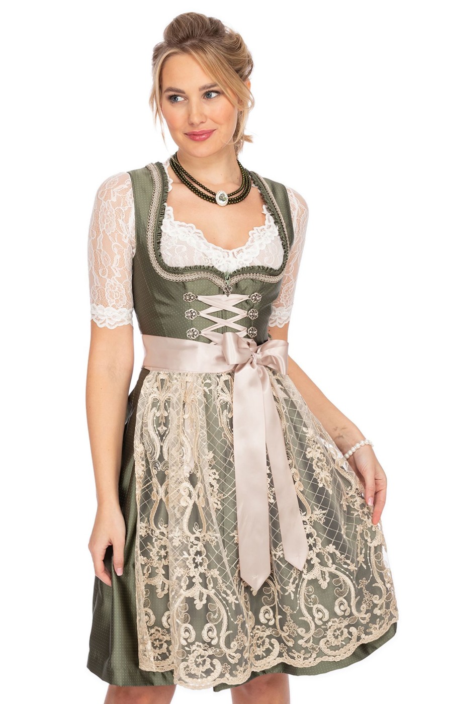 Damen Marjo | Marjo Mini Dirndl 2Tlg. 58Cm Lotte Grun Creme