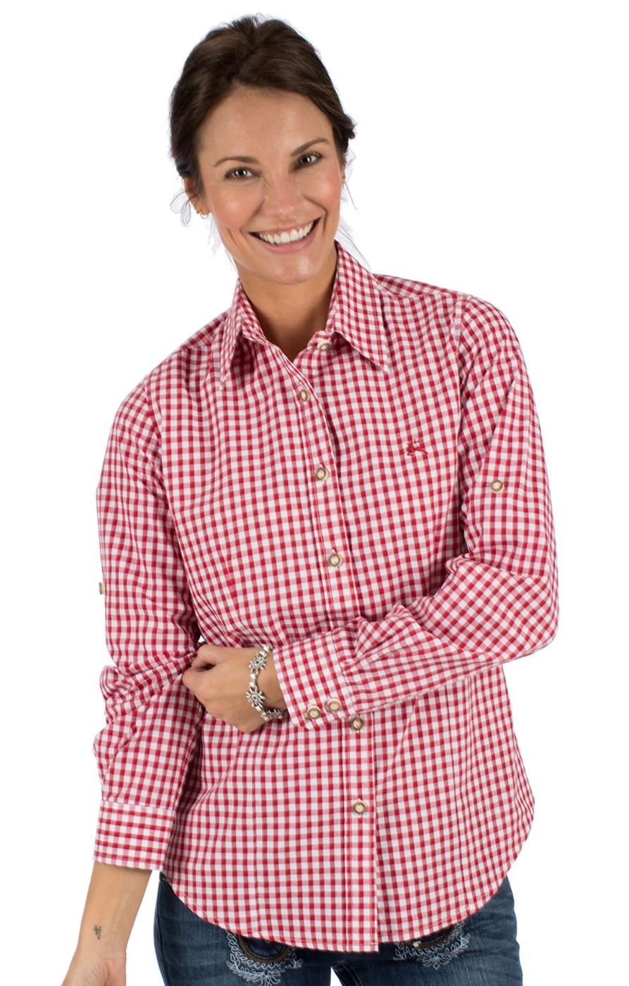 Damen OS-Trachten | Os-Trachten Trachtenbluse Checkered Langarm Stick Rot