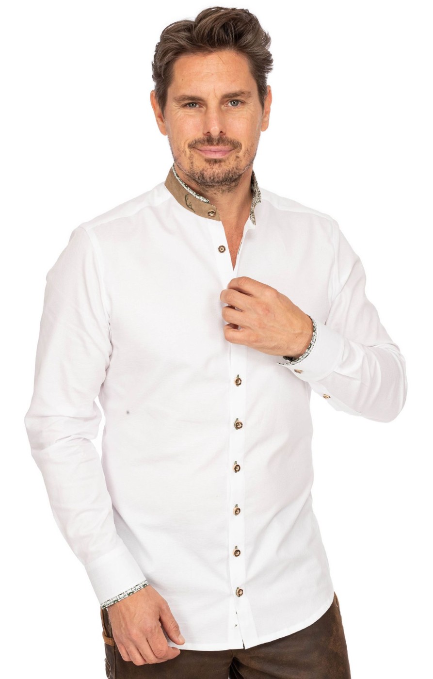 Herren Gipfelstürmer | Gipfelsturmer Hemd Stehkragen 420000-4249-157 Weis Dunkelgrun (Slim Fit)