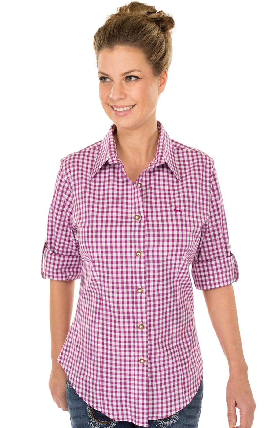 Damen OS-Trachten | Os-Trachten Trachtenbluse Checkered Langarm Stick Beere