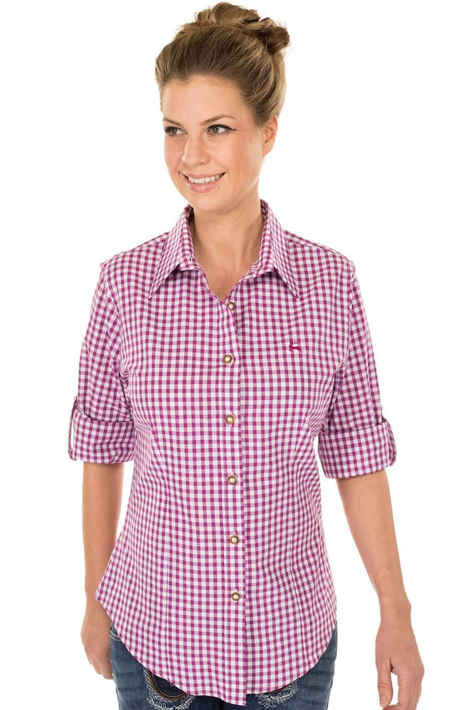 Damen OS-Trachten | Os-Trachten Trachtenbluse Checkered Langarm Stick Beere