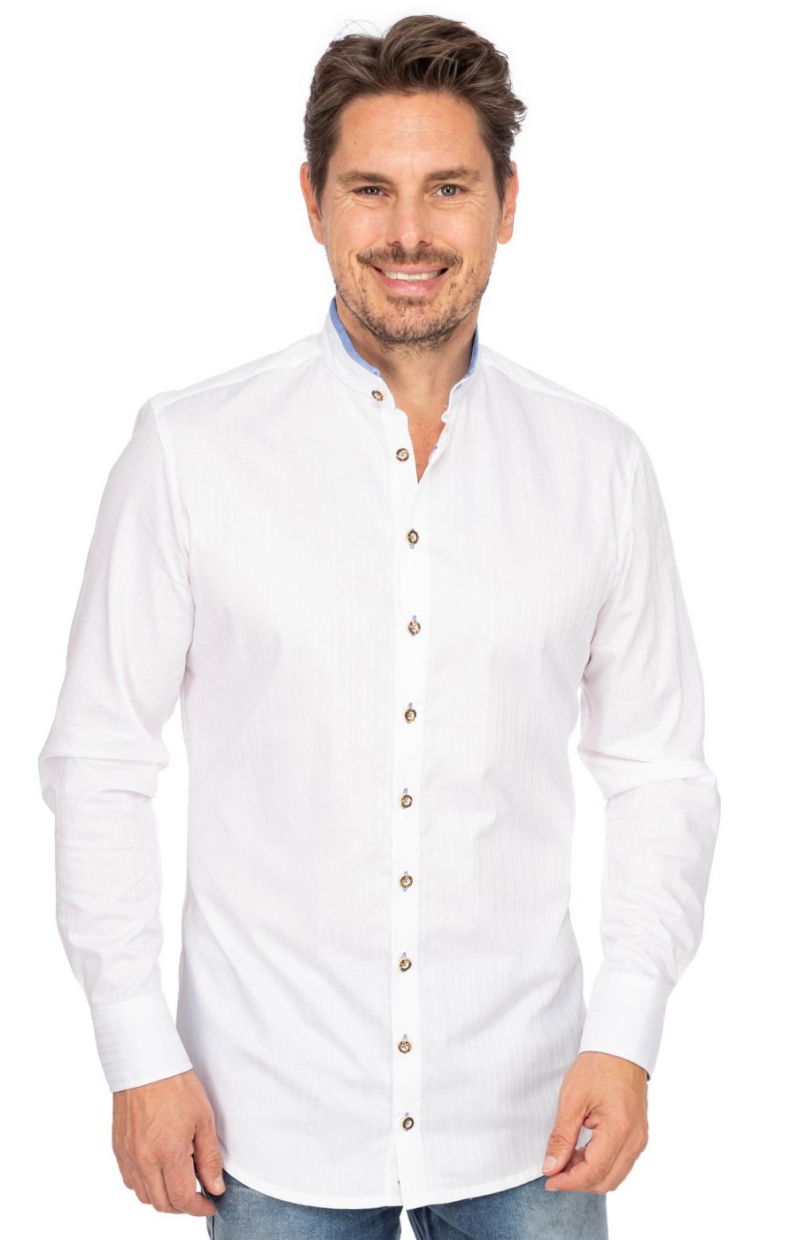 Herren Gipfelstürmer | Gipfelsturmer Hemd Stehkragen 420003-3855-142 Weis Mittelblau (Slim Fit)