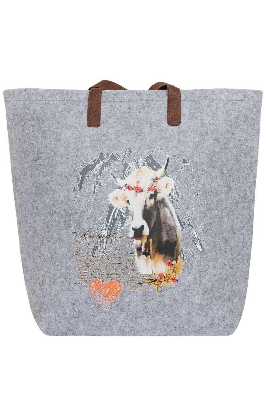 Accessoires Lady Edelweiss | Lady Edelweiss Filzshopper Henkeltasche 40738 Hellgrau Kuh Und Herz