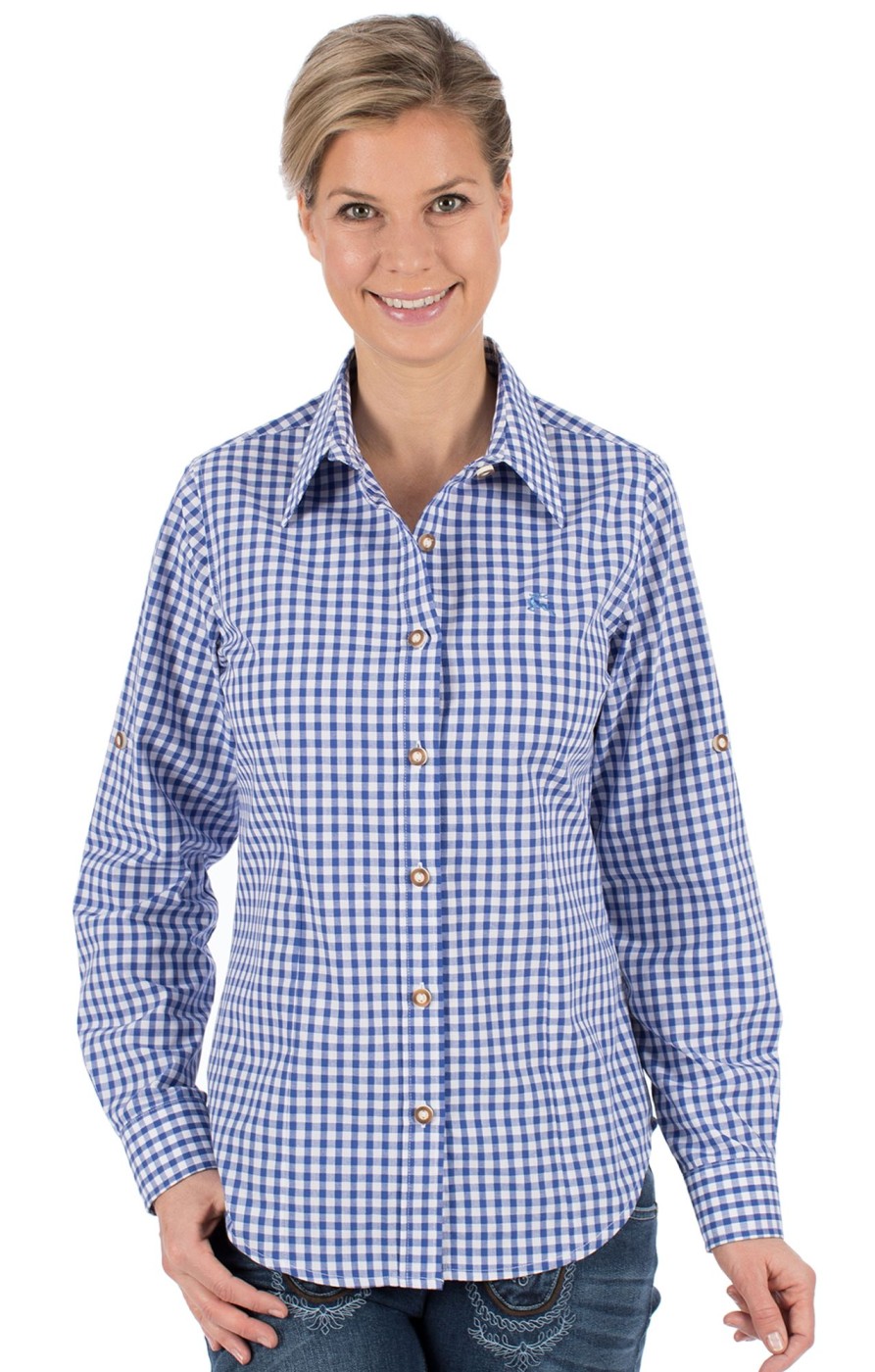 Damen OS-Trachten | Os-Trachten Trachtenbluse Checkered Langarm Stick Blau