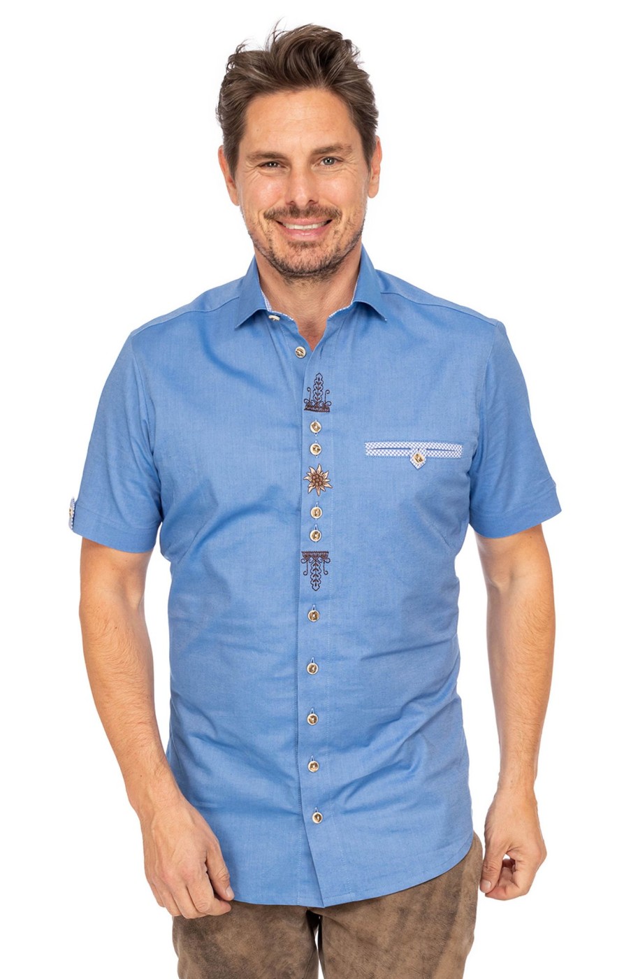 Herren OS-Trachten | Os-Trachten Kurzarmhemd 421000-4124-42 Mittelblau (Slim Fit)