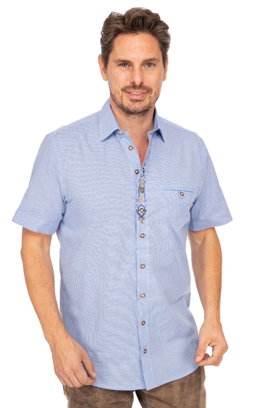 Herren OS-Trachten | Os-Trachten Kurzarmhemd 421002-4250-42 Mittelblau (Regular Fit)