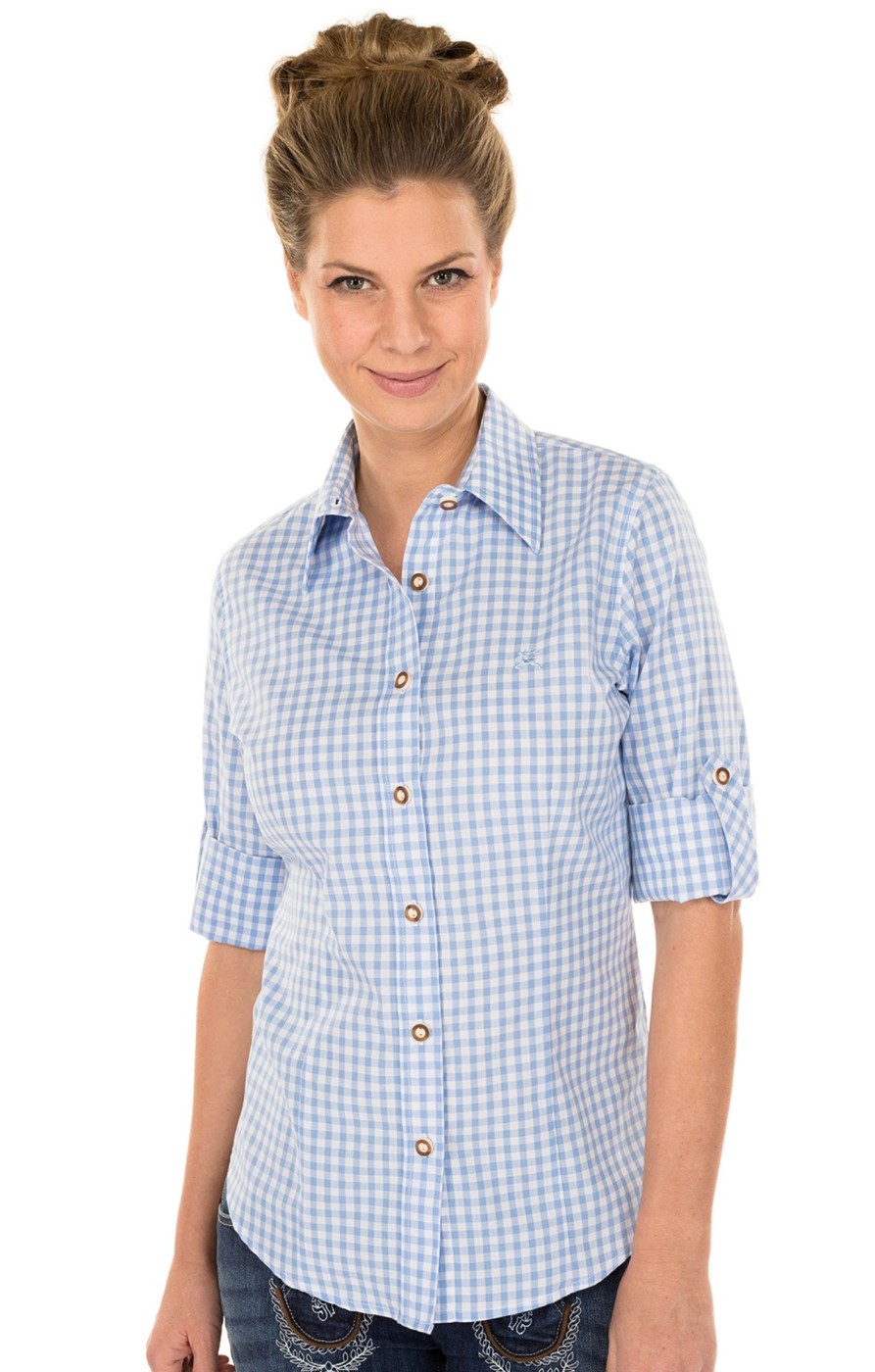 Damen OS-Trachten | Os-Trachten Trachtenbluse Checkered Langarm Stick Hellblau